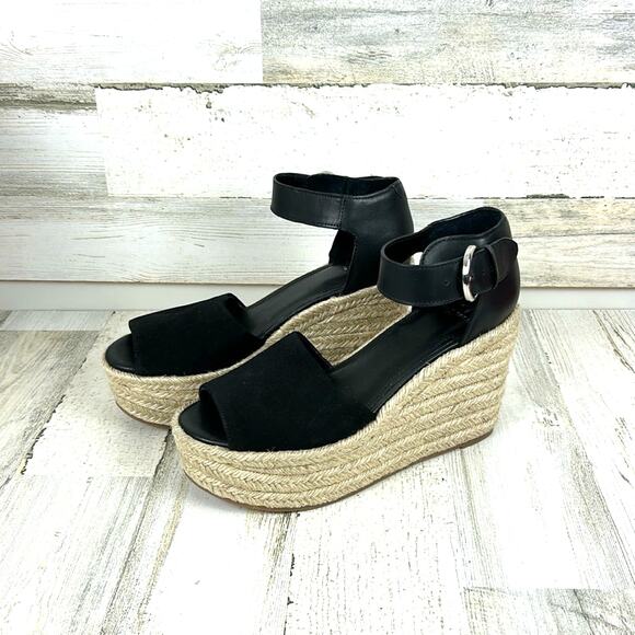 Marc Fisher Women’s 9 Black Leather Buckle Platform Espadrille Sandals NEW - Picture 1 of 10